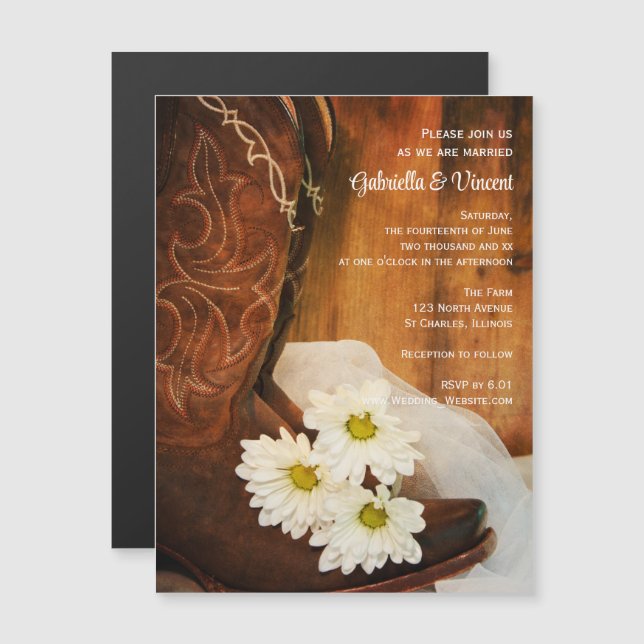White Daisies and Cowboy Boots Western Wedding Magnetic Invitation (Front/Back)