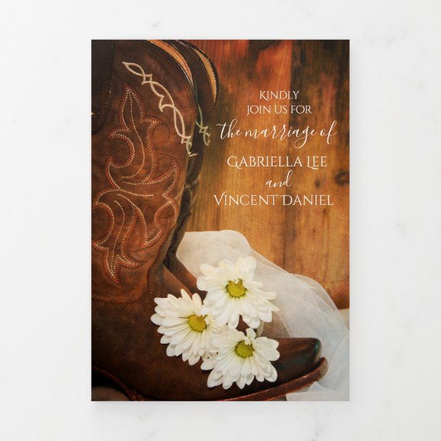 White Daisies and Cowboy Boots Western Wedding Tri-Fold Invitation (Cover)
