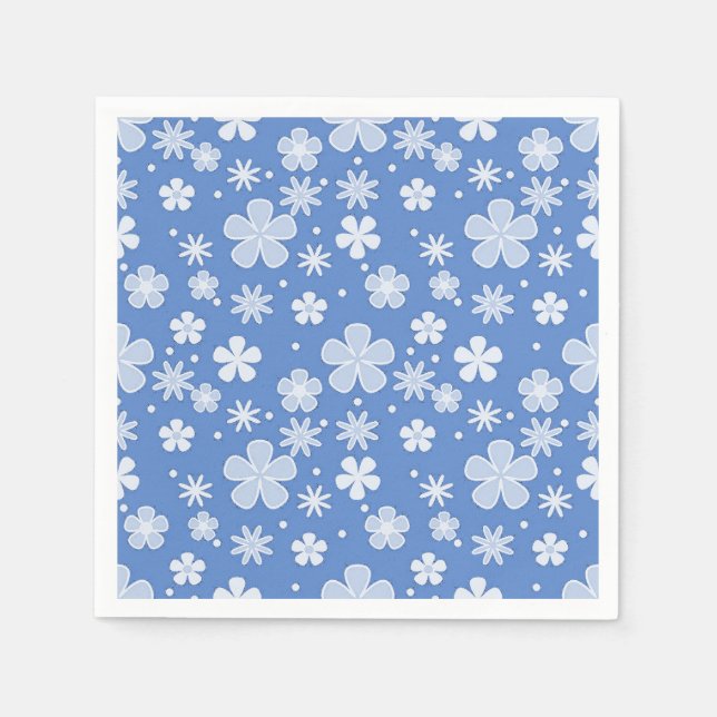 White Daisies and Dots On Blue Napkin (Front)