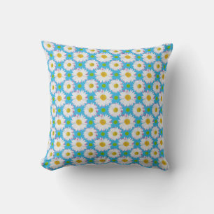 White Daisies and Green Polka Dots on Sky Blue Throw Pillow