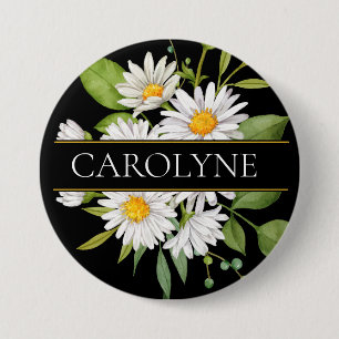 White Daisies and Greenery Floral Monogram 3 Inch Round Button