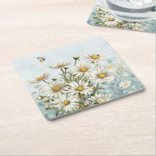 White Daisies and Ladybugs Springtime Square Paper Coaster