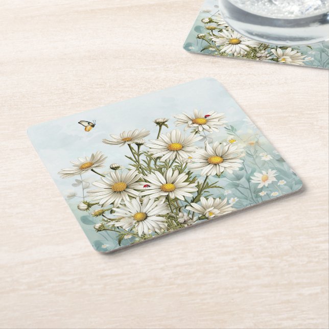 White Daisies and Ladybugs Springtime Square Paper Coaster (Angled)