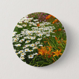 White daisies and orange lilies 2 inch round button