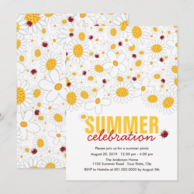 White Daisies And Red Ladybugs Summer Party Invitation (Front/Back)