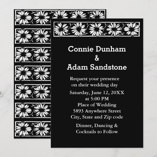 White Daisies Black Border Pattern Wedding Invitation (Front/Back)