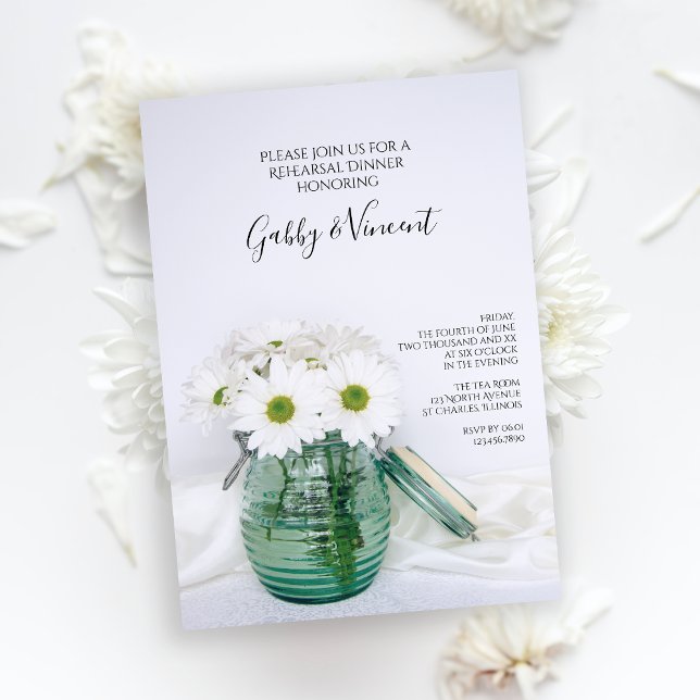 White Daisies Blue Jar Wedding Rehearsal Dinner Invitation (Creator Uploaded)