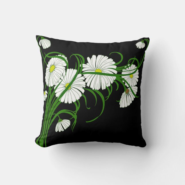 White Daisies Contrasted on Black Background Throw Pillow (Front)