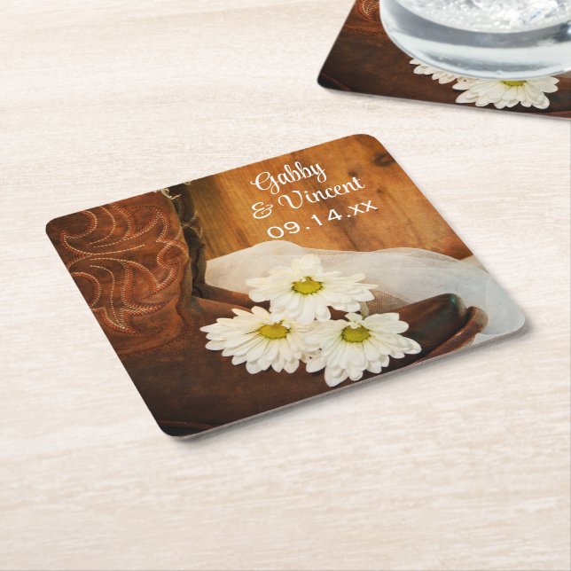 White Daisies Cowboy Boots Country Western Wedding Square Paper Coaster (Angled)