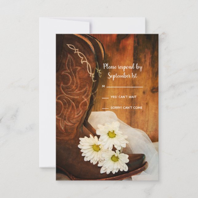 White Daisies Cowboy Boots Western Wedding RSVP (Front)