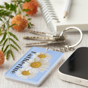 White Daisies Custom Name Blue Keychain