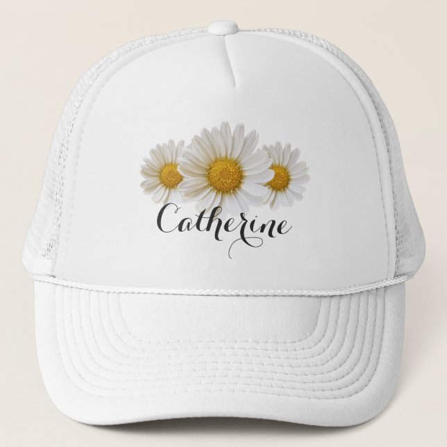 White Daisies Custom Name Floral Trucker Hat (Front)