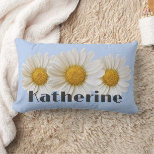 White Daisies Custom Name Light Blue Lumbar Pillow