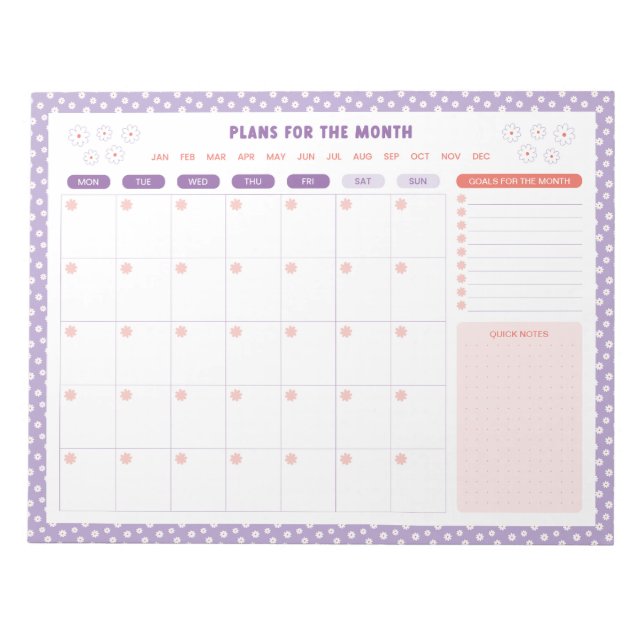 White Daisies Floral Monthly To Do List Planner Notepad (Front)