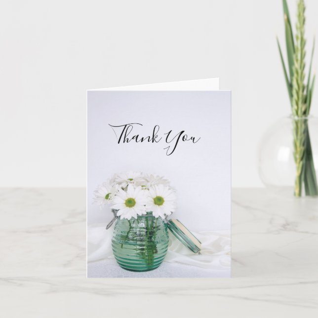 White Daisies in Blue Jar Vase Wedding Thank You (Front)