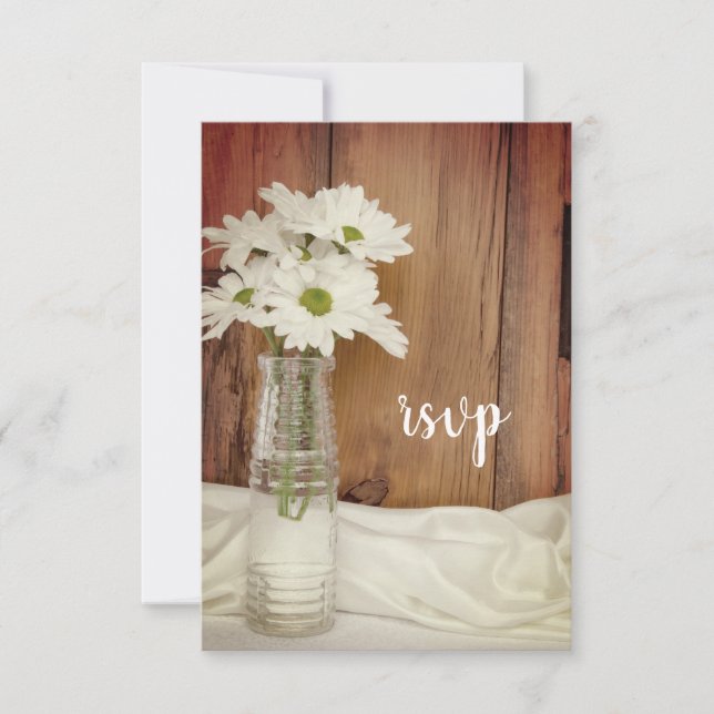White Daisies in Milk Bottle Barn Wedding RSVP Card (Front)