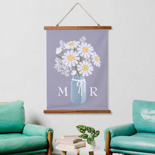 White Daisies Mason Jar Monogram on Lavender Hanging Tapestry (Living Room)