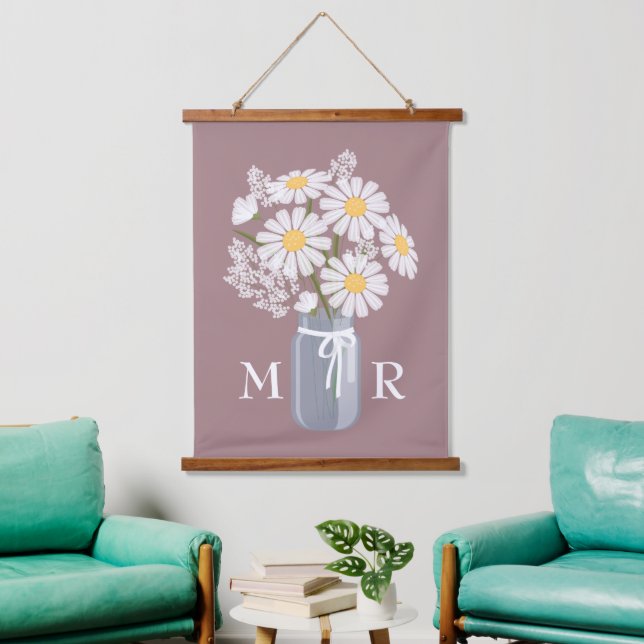 White Daisies Mason Jar Monogram on Rosy Brown Hanging Tapestry (Living Room)