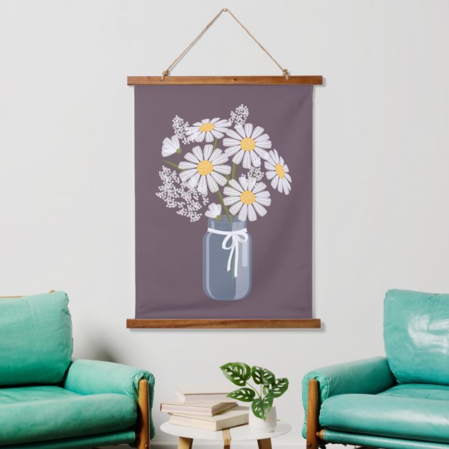 White Daisies Mason Jar on Dark Purple Hanging Tapestry (Living Room)