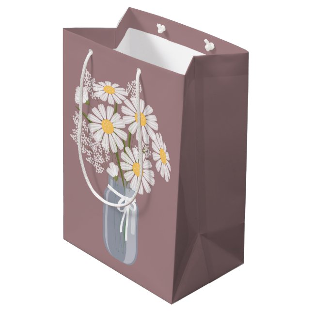 White Daisies Mason Jar on Rosy Brown Medium Gift Bag (Back Angled)