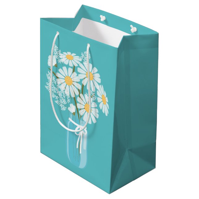 White Daisies Mason Jar on Teal Medium Gift Bag (Back Angled)