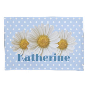 White Daisies Name Polka Dots Blue Pillowcase