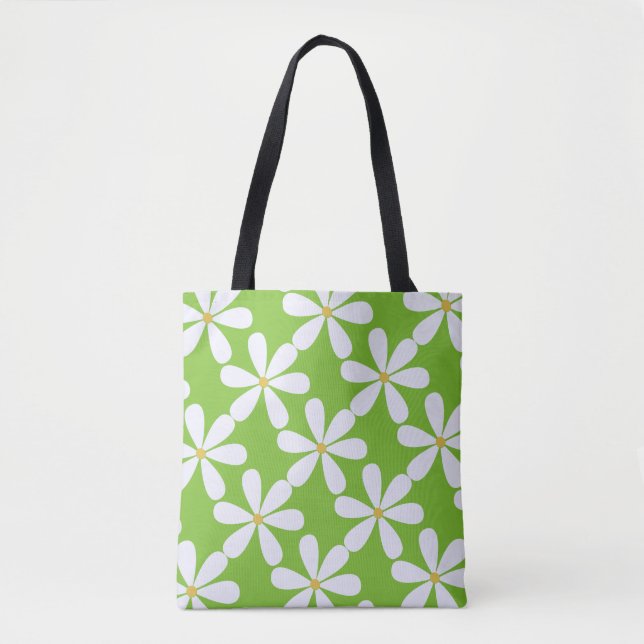 White daisies on apple green background tote bag (Front)