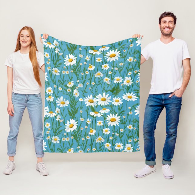 White Daisies On Aqua Fleece Blanket (In Situ)