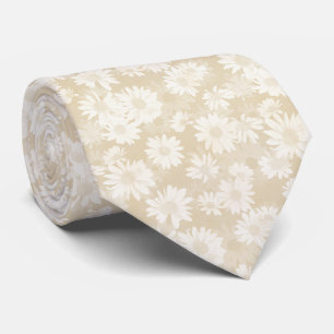 White Daisies on Beige Floral Pattern Tie