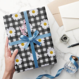White Daisies on Black and White Gingham Wrapping Paper