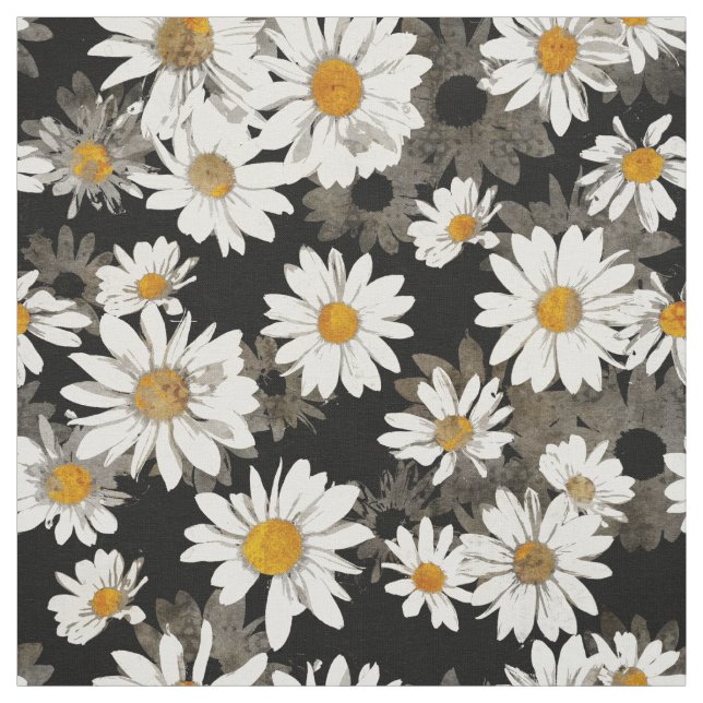 White Daisies on Black Fabric (Swatch)