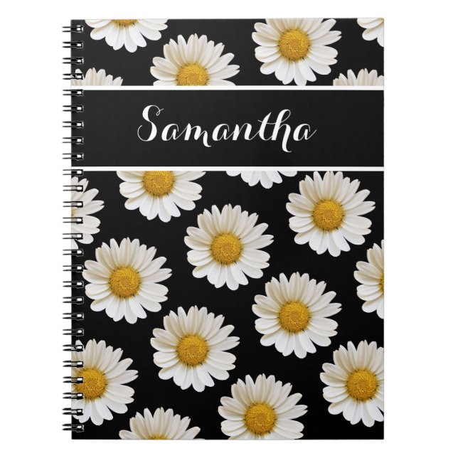 White Daisies on Black with Custom Name Notebook (Front)