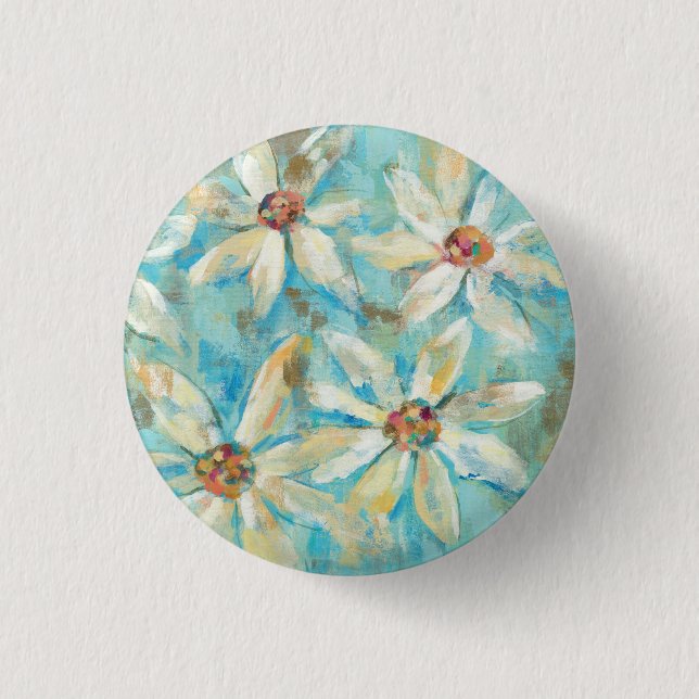White Daisies on Blue 1 Inch Round Button (Front)