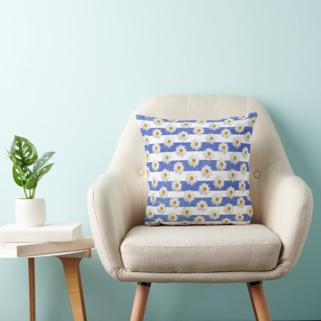 White Daisies On Blue and White Stripes Throw Pillow (Chair)