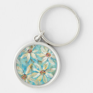 White Daisies on Blue Keychain