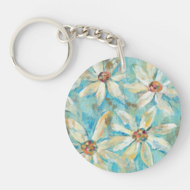 White Daisies on Blue Keychain (Front)