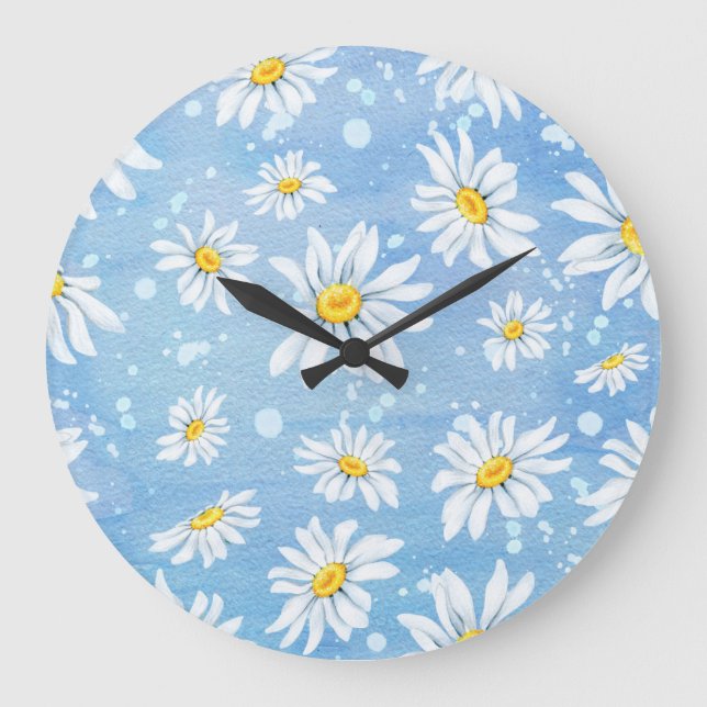 White Daisies on Blue Large Clock (Front)
