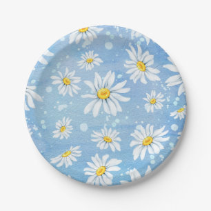 White Daisies on Blue Paper Plate
