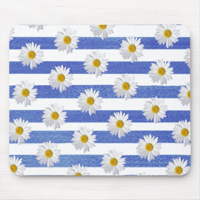 white daisies on blue  watercolor striping mouse pad (Front)
