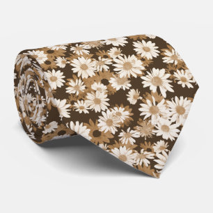 White Daisies on Brown Floral Pattern Tie