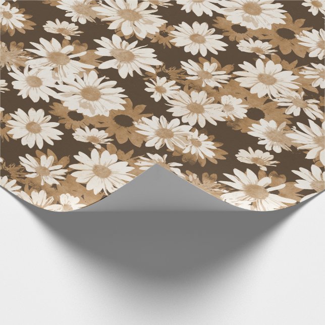 White Daisies on Chocolate Brown Floral Pattern Wrapping Paper (Corner)