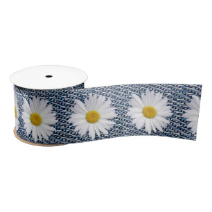 White Daisies on Denim Satin Ribbon