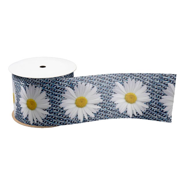 White Daisies on Denim Satin Ribbon (Spool)