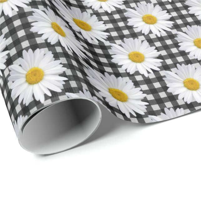 White Daisies On Gingham  Wrapping Paper (Roll Corner)