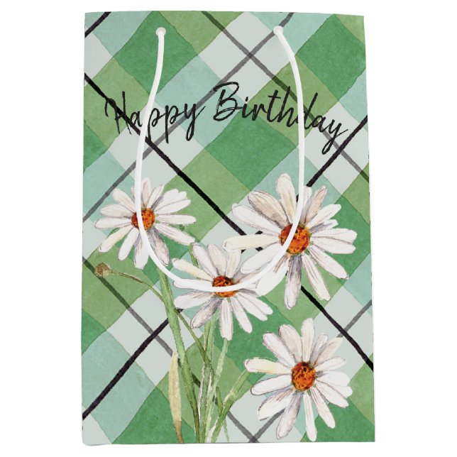 White Daisies On Green Plaid Medium Gift Bag (Front)