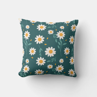 White Daisies on Greenish Blue Background Throw Pillow