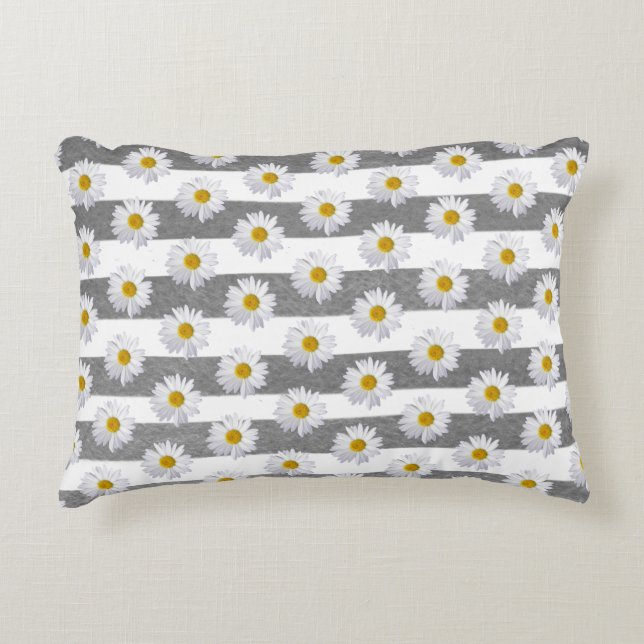White Daisies On Grey and White Stripes Accent Pillow (Front)