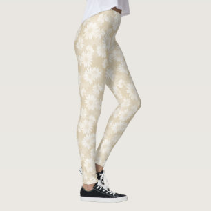 White Daisies on Neutral Beige Floral Pattern Leggings