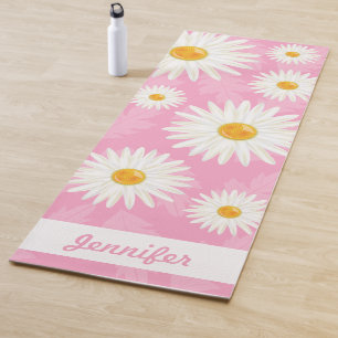 White Daisies On Pink With Personalized Name Yoga Mat