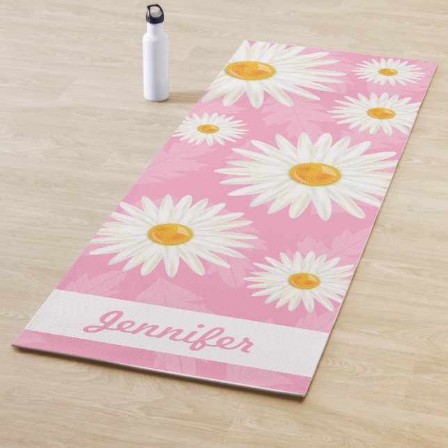 White Daisies On Pink With Personalized Name Yoga Mat (In Situ)